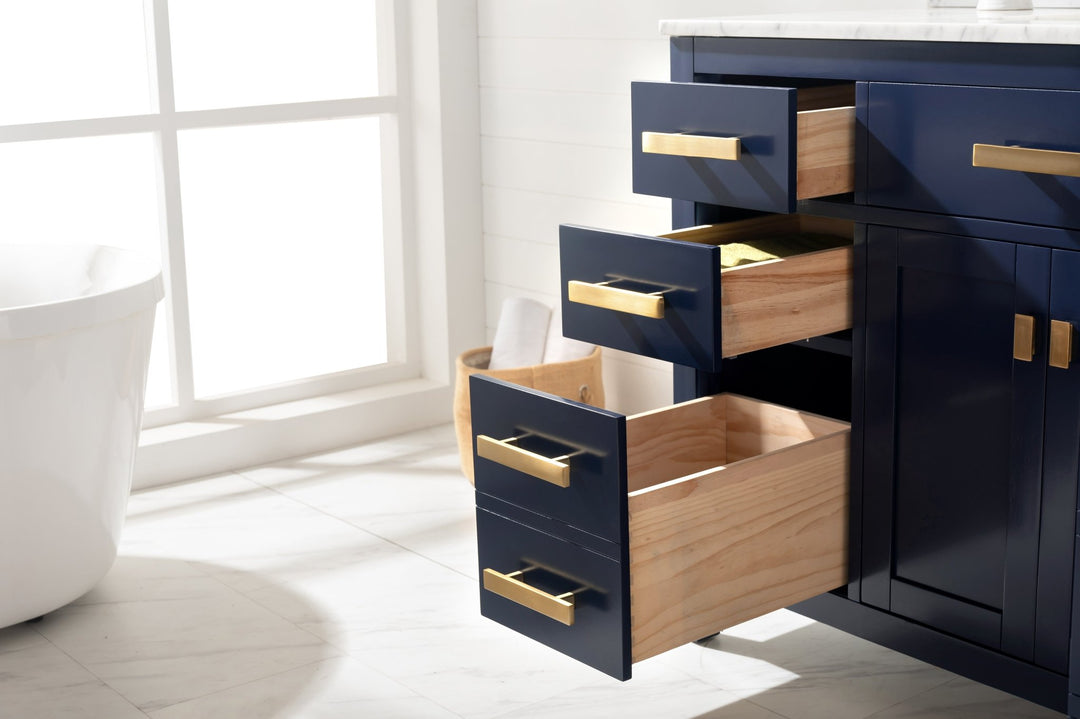 Valentino 48" Single Sink Vanity with White Quartz Top - Design Element Bath Kitchen - Bathroom Vanity - Navy with Satin Gold Hardware