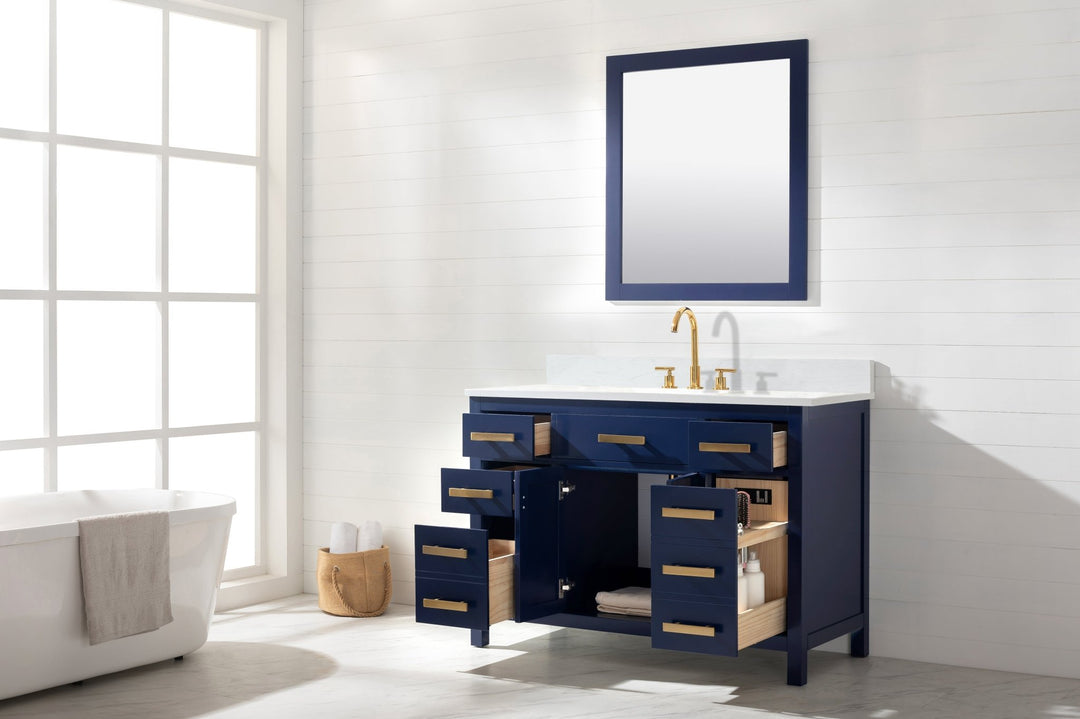Valentino 48" Single Sink Vanity with White Quartz Top - Design Element Bath Kitchen - Bathroom Vanity - Navy with Satin Gold Hardware