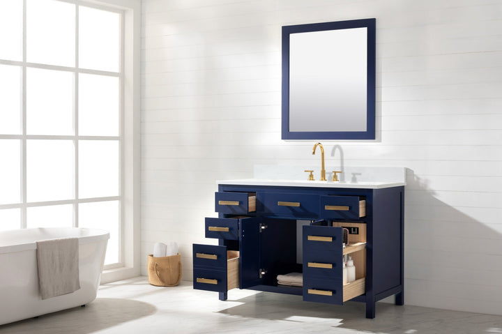 Valentino 48" Single Sink Vanity with White Quartz Top - Design Element Bath Kitchen - Bathroom Vanity - Navy with Satin Gold Hardware