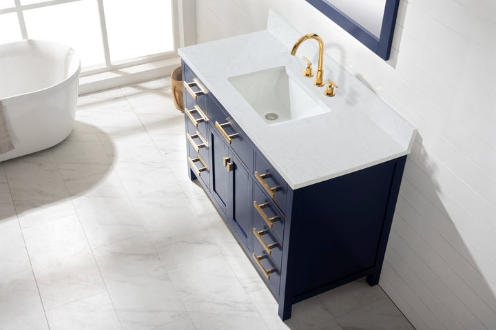 Valentino 48" Single Sink Vanity with White Quartz Top - Design Element Bath Kitchen - Bathroom Vanity - Navy with Satin Gold Hardware