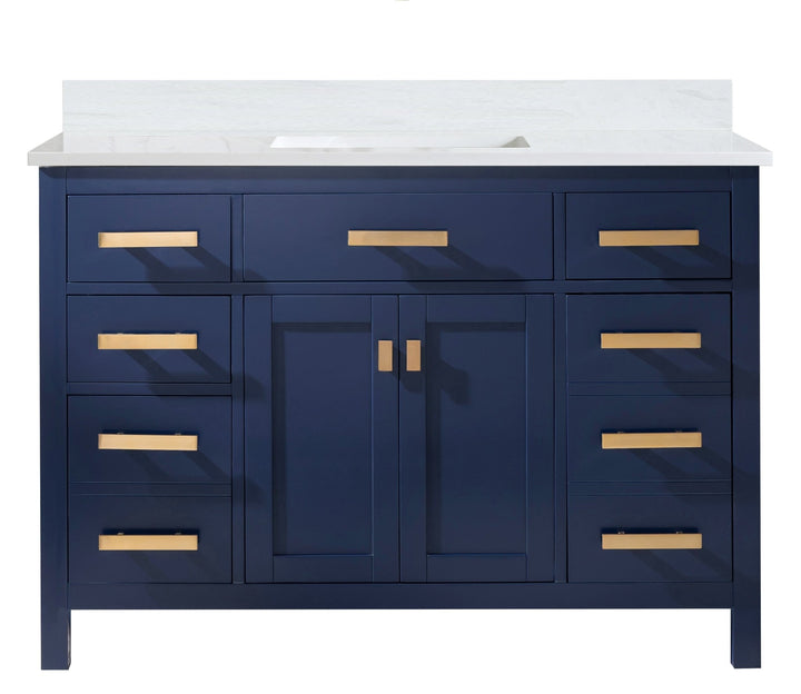 Valentino 48" Single Sink Vanity with White Quartz Top - Design Element Bath Kitchen - Bathroom Vanity - Navy with Satin Gold Hardware