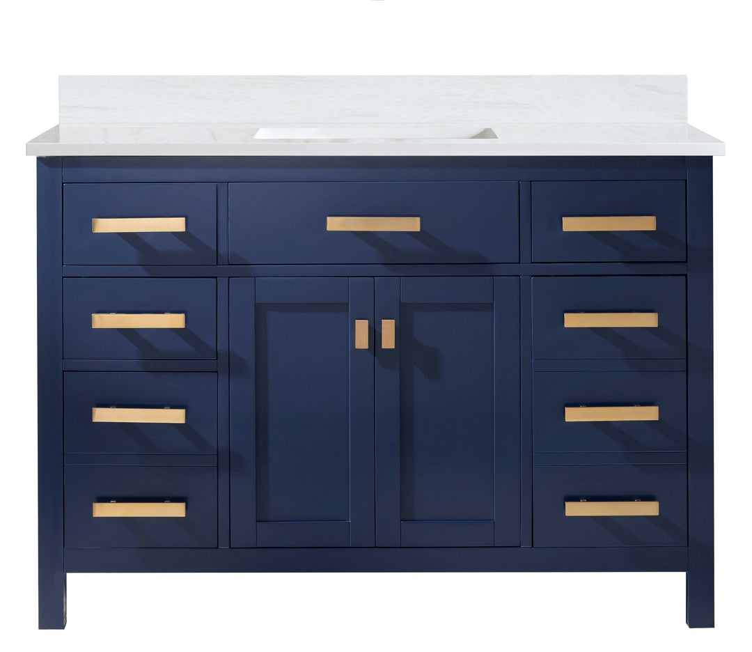 Valentino 48" Single Sink Vanity with White Quartz Top - Design Element Bath Kitchen - Bathroom Vanity - Navy with Satin Gold Hardware