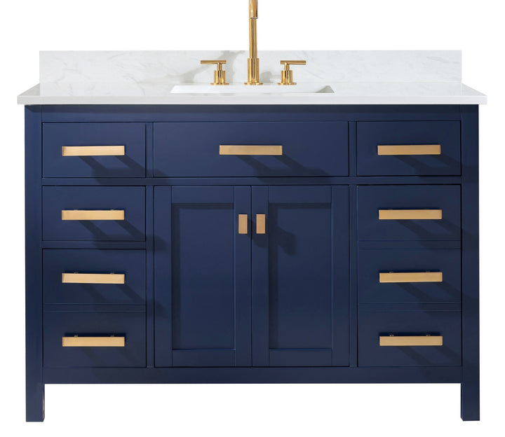 Valentino 48" Single Sink Vanity with White Quartz Top - Design Element Bath Kitchen - Bathroom Vanity - Navy with Satin Gold Hardware