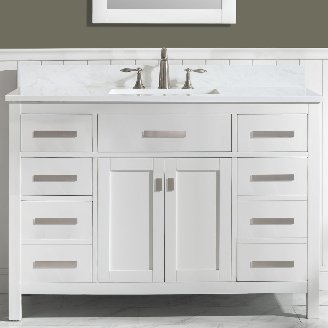 Valentino 48" Single Sink Vanity with White Quartz Top - Design Element Bath Kitchen - Bathroom Vanity - Navy with Satin Gold Hardware