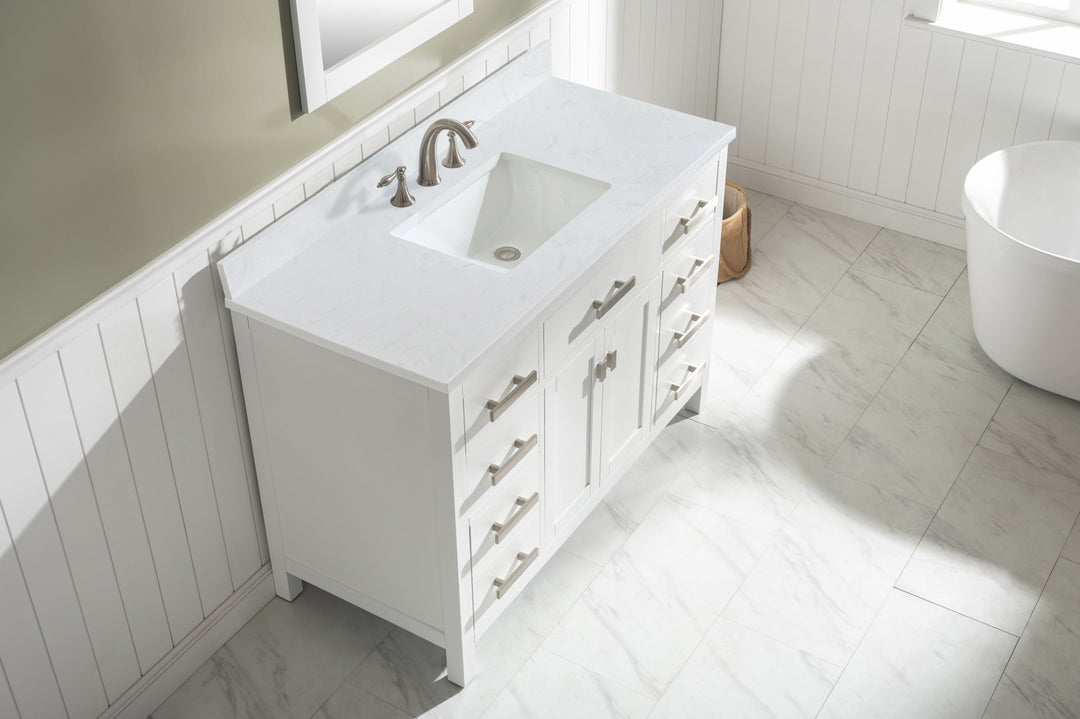 Valentino 48" Single Sink Vanity with White Quartz Top - Design Element Bath Kitchen - Bathroom Vanity - Navy with Satin Gold Hardware