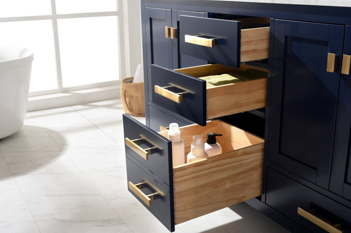 Valentino 60" Double Sink Vanity with White Quartz Top - Design Element Bath Kitchen - Bathroom Vanity - Navy with Satin Gold Hardware