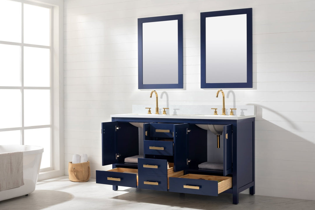 Valentino 60" Double Sink Vanity with White Quartz Top - Design Element Bath Kitchen - Bathroom Vanity - Navy with Satin Gold Hardware