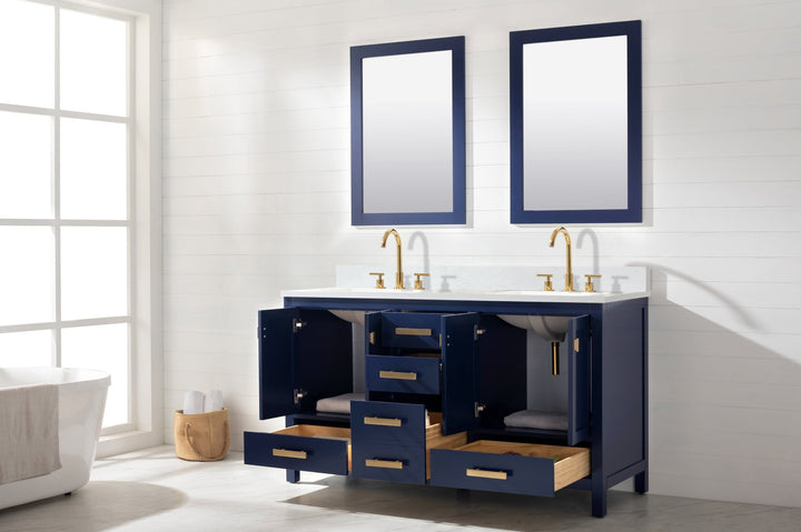 Valentino 60" Double Sink Vanity with White Quartz Top - Design Element Bath Kitchen - Bathroom Vanity - Navy with Satin Gold Hardware