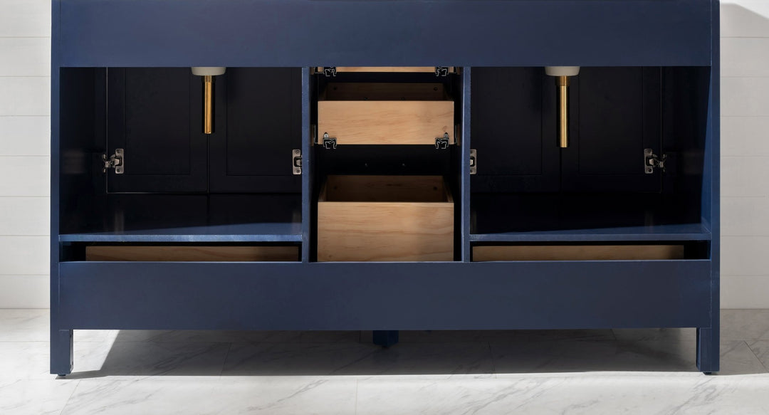 Valentino 60" Double Sink Vanity with White Quartz Top - Design Element Bath Kitchen - Bathroom Vanity - Navy with Satin Gold Hardware