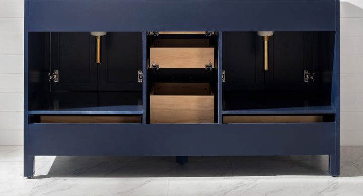Valentino 60" Double Sink Vanity with White Quartz Top - Design Element Bath Kitchen - Bathroom Vanity - Navy with Satin Gold Hardware