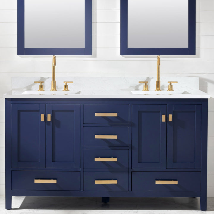 Valentino 60" Double Sink Vanity with White Quartz Top - Design Element Bath Kitchen - Bathroom Vanity - Navy with Satin Gold Hardware