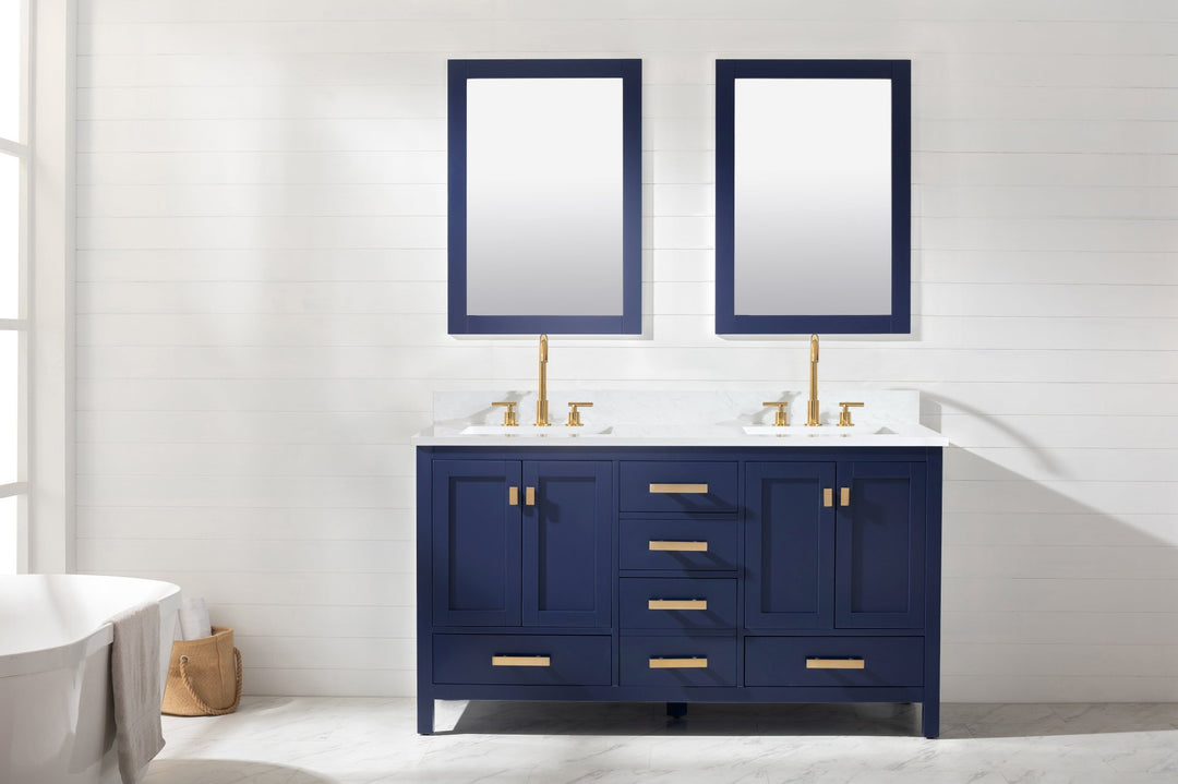 Valentino 60" Double Sink Vanity with White Quartz Top - Design Element Bath Kitchen - Bathroom Vanity - Navy with Satin Gold Hardware