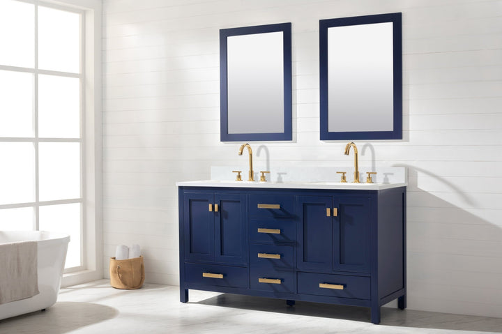 Valentino 60" Double Sink Vanity with White Quartz Top - Design Element Bath Kitchen - Bathroom Vanity - Navy with Satin Gold Hardware