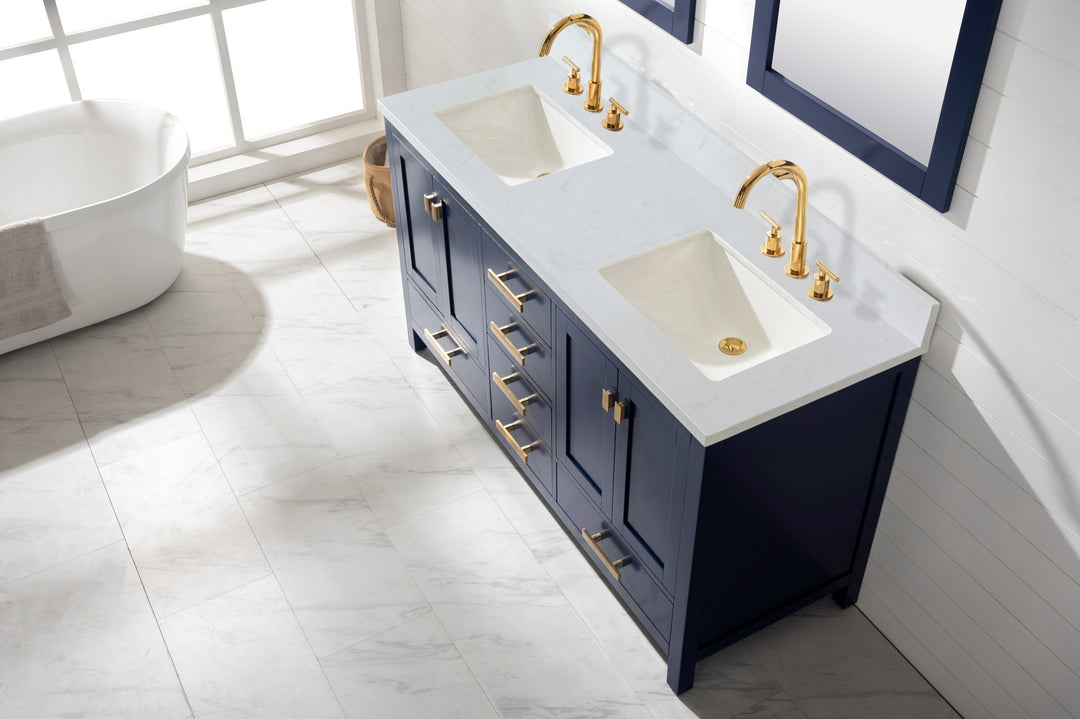 Valentino 60" Double Sink Vanity with White Quartz Top - Design Element Bath Kitchen - Bathroom Vanity - Navy with Satin Gold Hardware