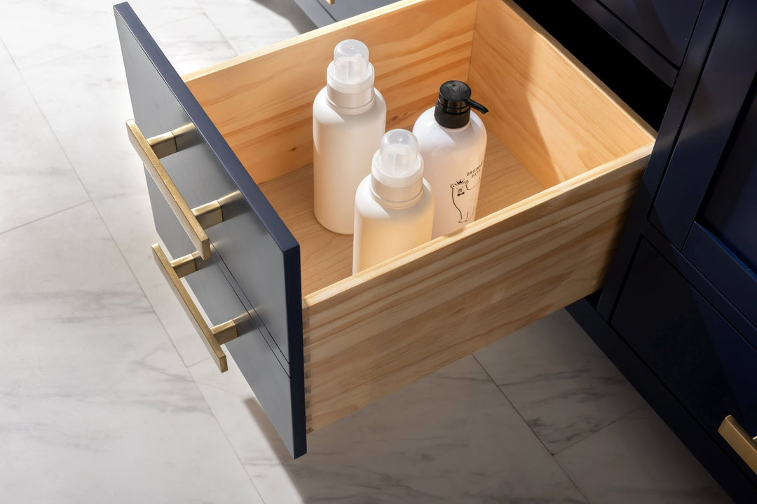 Valentino 60" Double Sink Vanity with White Quartz Top - Design Element Bath Kitchen - Bathroom Vanity - Navy with Satin Gold Hardware