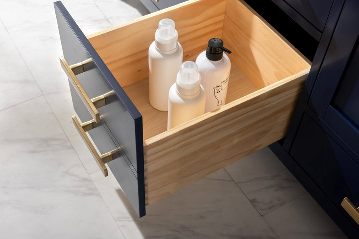 Valentino 60" Double Sink Vanity with White Quartz Top - Design Element Bath Kitchen - Bathroom Vanity - Navy with Satin Gold Hardware