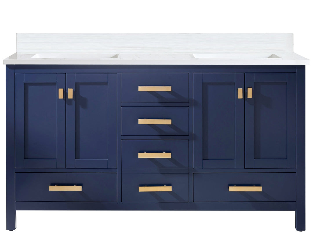 Valentino 60" Double Sink Vanity with White Quartz Top - Design Element Bath Kitchen - Bathroom Vanity - Navy with Satin Gold Hardware