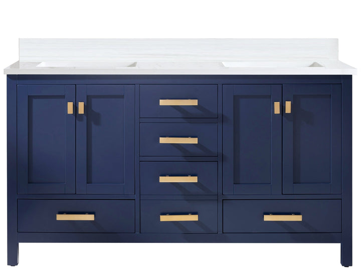Valentino 60" Double Sink Vanity with White Quartz Top - Design Element Bath Kitchen - Bathroom Vanity - Navy with Satin Gold Hardware