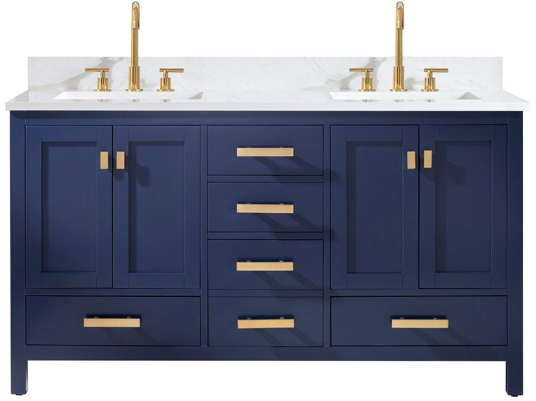 Valentino 60" Double Sink Vanity with White Quartz Top - Design Element Bath Kitchen - Bathroom Vanity - Navy with Satin Gold Hardware