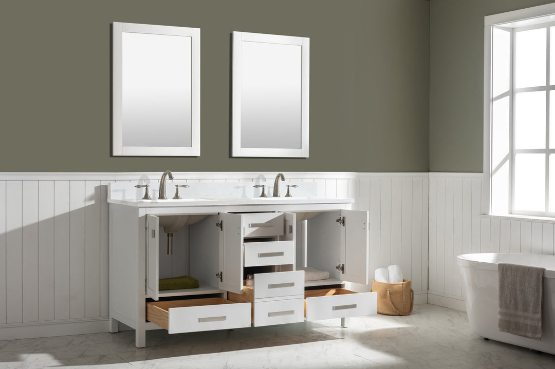 Valentino 60" Double Sink Vanity with White Quartz Top - Design Element Bath Kitchen - Bathroom Vanity - Navy with Satin Gold Hardware