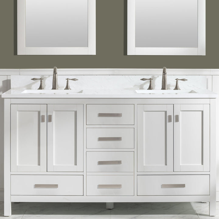 Valentino 60" Double Sink Vanity with White Quartz Top - Design Element Bath Kitchen - Bathroom Vanity - White with Silver Satin Hardware