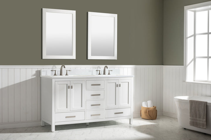 Valentino 60" Double Sink Vanity with White Quartz Top - Design Element Bath Kitchen - Bathroom Vanity - Navy with Satin Gold Hardware