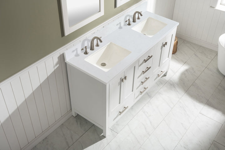 Valentino 60" Double Sink Vanity with White Quartz Top - Design Element Bath Kitchen - Bathroom Vanity - Navy with Satin Gold Hardware