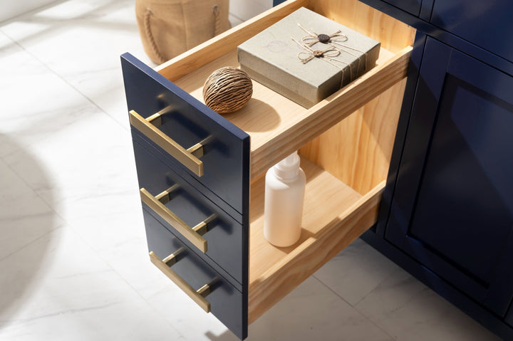 Valentino 84" Double Sink Vanity with White Quartz Top - Design Element Bath Kitchen - Bathroom Vanity - Navy with Satin Gold Hardware