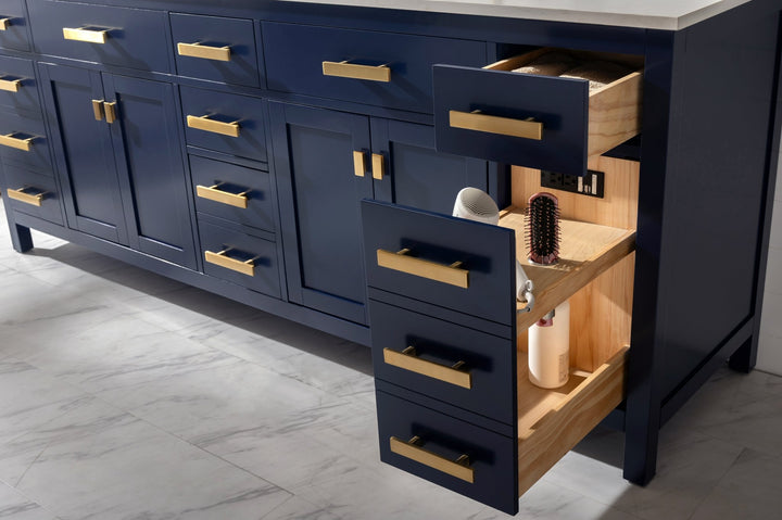 Valentino 84" Double Sink Vanity with White Quartz Top - Design Element Bath Kitchen - Bathroom Vanity - Navy with Satin Gold Hardware