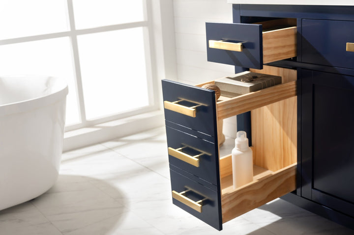 Valentino 84" Double Sink Vanity with White Quartz Top - Design Element Bath Kitchen - Bathroom Vanity - Navy with Satin Gold Hardware