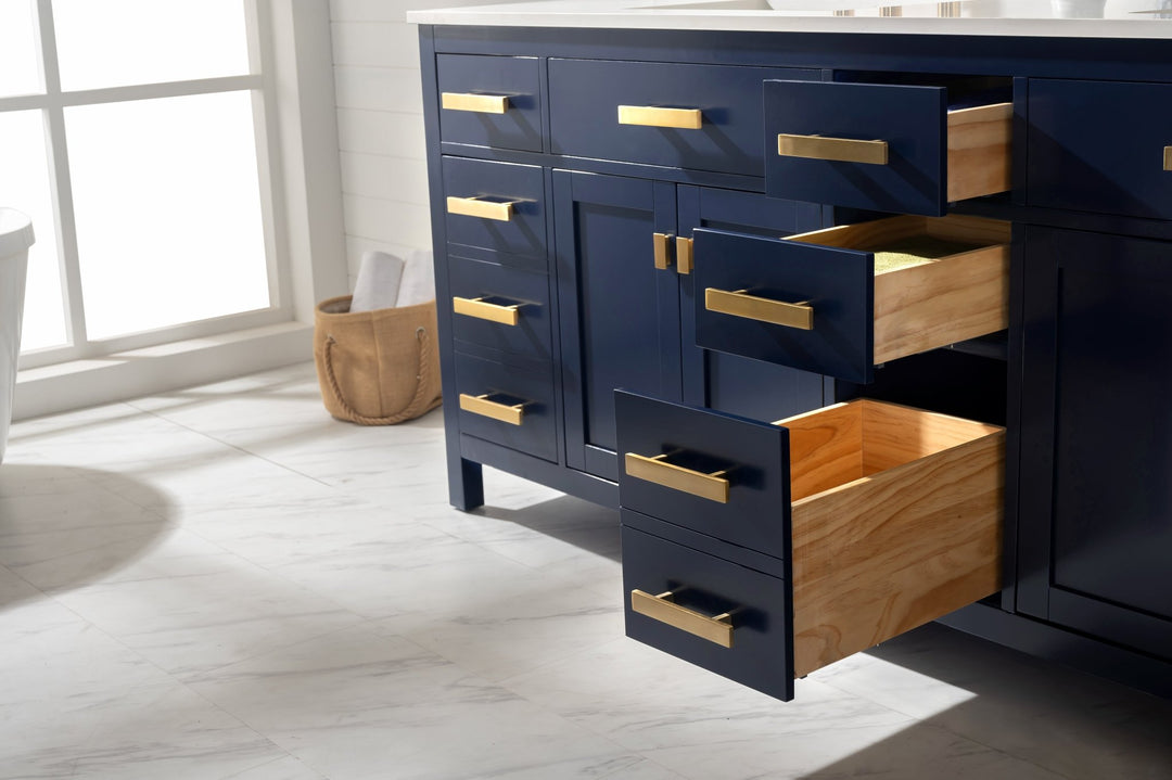 Valentino 84" Double Sink Vanity with White Quartz Top - Design Element Bath Kitchen - Bathroom Vanity - Navy with Satin Gold Hardware