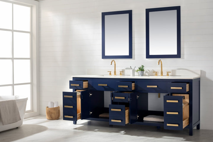 Valentino 84" Double Sink Vanity with White Quartz Top - Design Element Bath Kitchen - Bathroom Vanity - Navy with Satin Gold Hardware