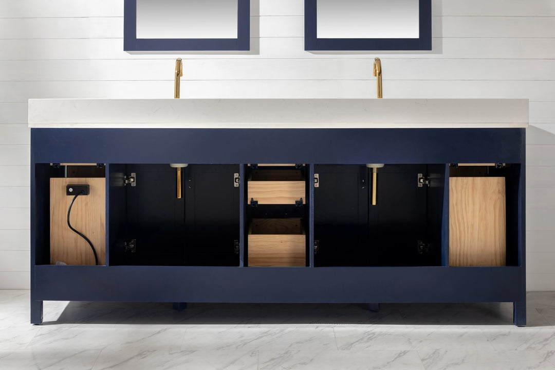 Valentino 84" Double Sink Vanity with White Quartz Top - Design Element Bath Kitchen - Bathroom Vanity - Navy with Satin Gold Hardware