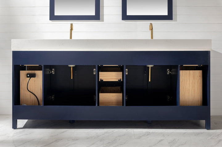 Valentino 84" Double Sink Vanity with White Quartz Top - Design Element Bath Kitchen - Bathroom Vanity - Navy with Satin Gold Hardware