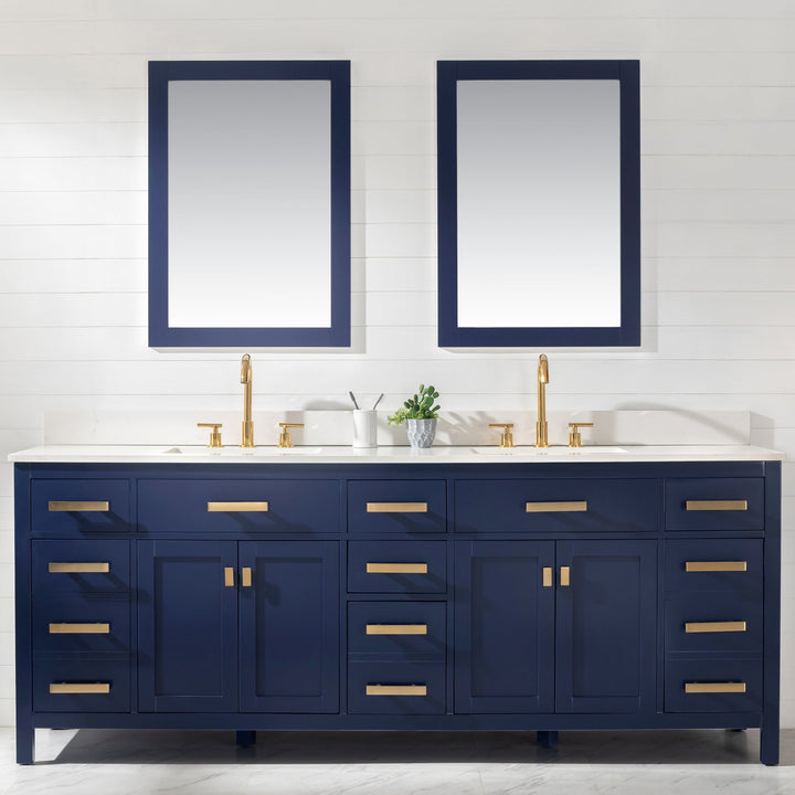 Valentino 84" Double Sink Vanity with White Quartz Top - Design Element Bath Kitchen - Bathroom Vanity - Navy with Satin Gold Hardware