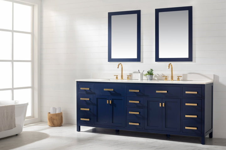 Valentino 84" Double Sink Vanity with White Quartz Top - Design Element Bath Kitchen - Bathroom Vanity - Navy with Satin Gold Hardware