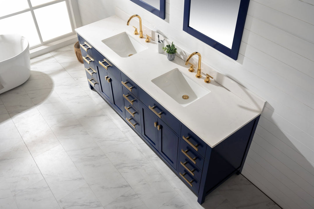 Valentino 84" Double Sink Vanity with White Quartz Top - Design Element Bath Kitchen - Bathroom Vanity - Navy with Satin Gold Hardware