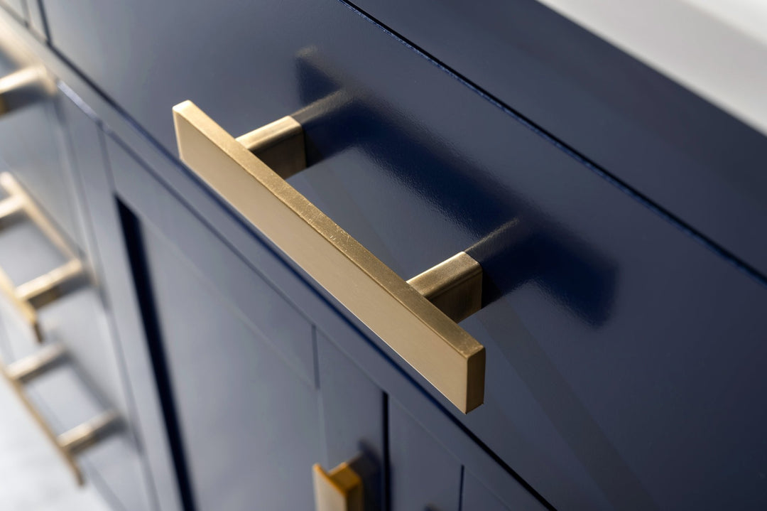 Valentino 84" Double Sink Vanity with White Quartz Top - Design Element Bath Kitchen - Bathroom Vanity - Navy with Satin Gold Hardware