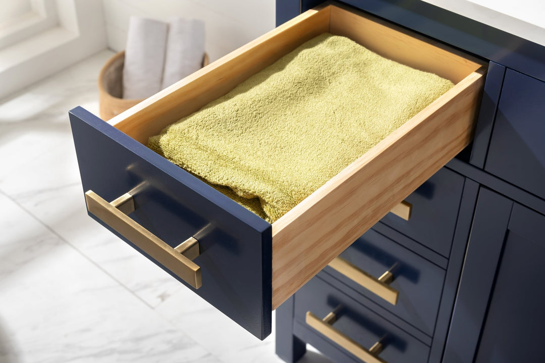 Valentino 84" Double Sink Vanity with White Quartz Top - Design Element Bath Kitchen - Bathroom Vanity - Navy with Satin Gold Hardware