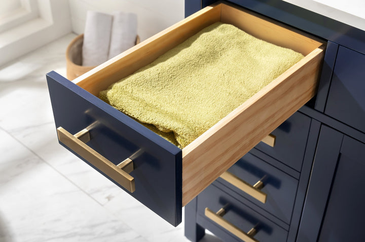 Valentino 84" Double Sink Vanity with White Quartz Top - Design Element Bath Kitchen - Bathroom Vanity - Navy with Satin Gold Hardware