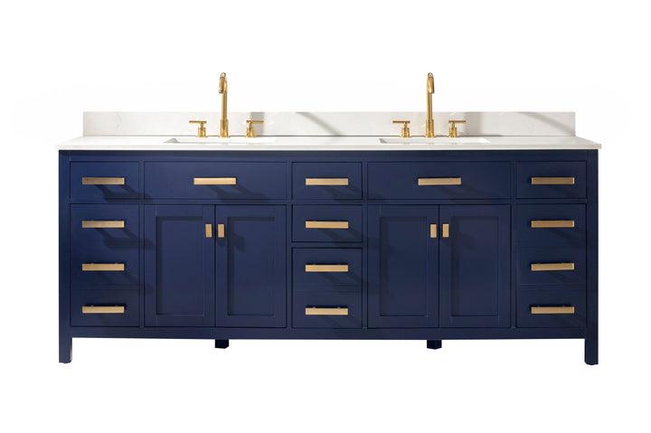 Valentino 84" Double Sink Vanity with White Quartz Top - Design Element Bath Kitchen - Bathroom Vanity - Navy with Satin Gold Hardware