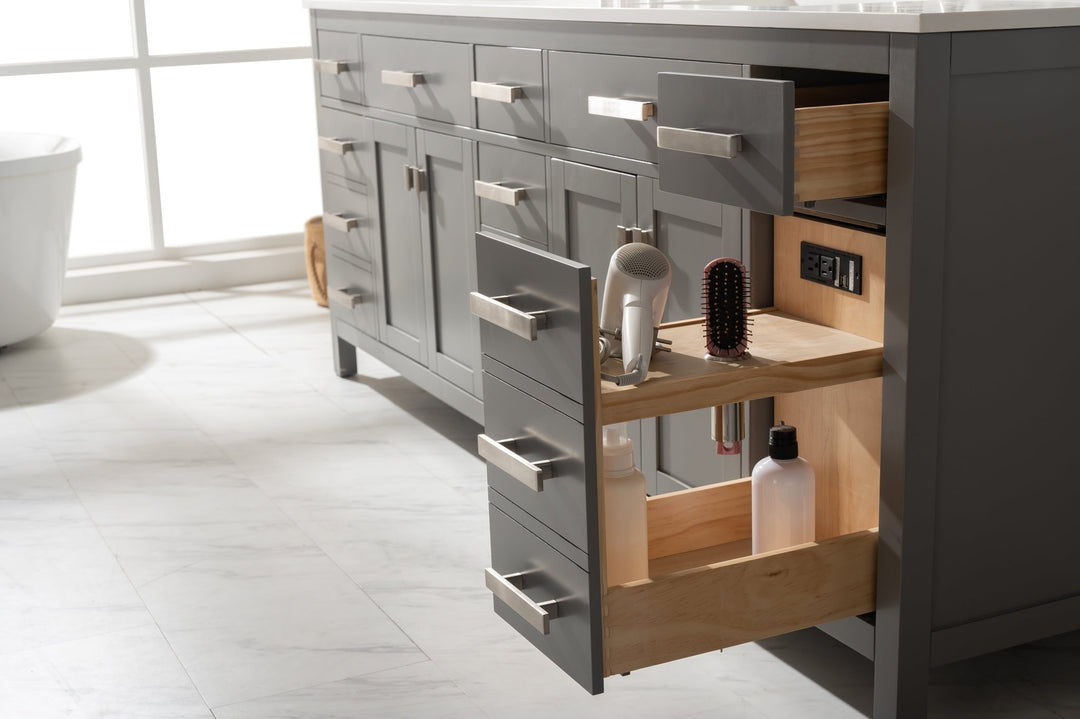 Valentino 84" Double Sink Vanity with White Quartz Top - Design Element Bath Kitchen - Bathroom Vanity - Navy with Satin Gold Hardware