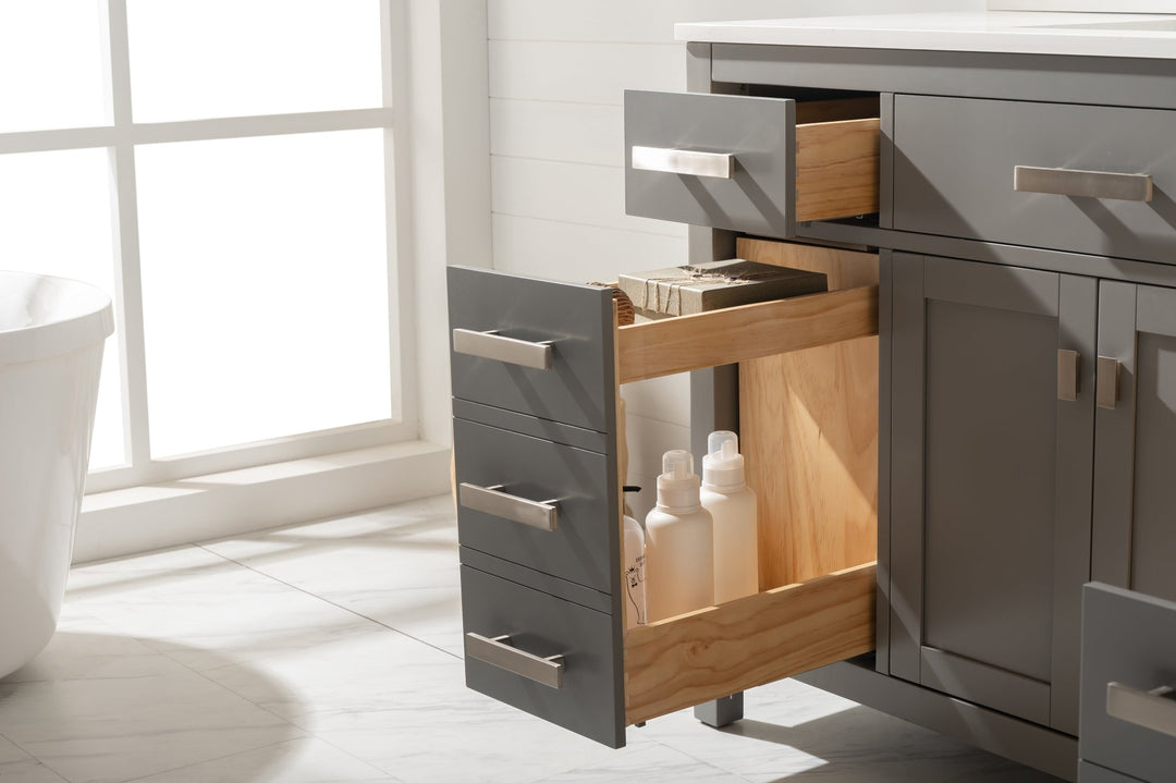 Valentino 84" Double Sink Vanity with White Quartz Top - Design Element Bath Kitchen - Bathroom Vanity - Navy with Satin Gold Hardware