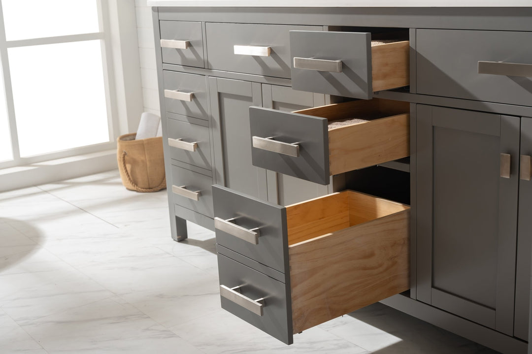 Valentino 84" Double Sink Vanity with White Quartz Top - Design Element Bath Kitchen - Bathroom Vanity - Navy with Satin Gold Hardware