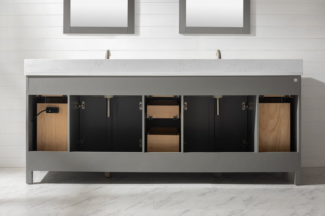 Valentino 84" Double Sink Vanity with White Quartz Top - Design Element Bath Kitchen - Bathroom Vanity - Navy with Satin Gold Hardware