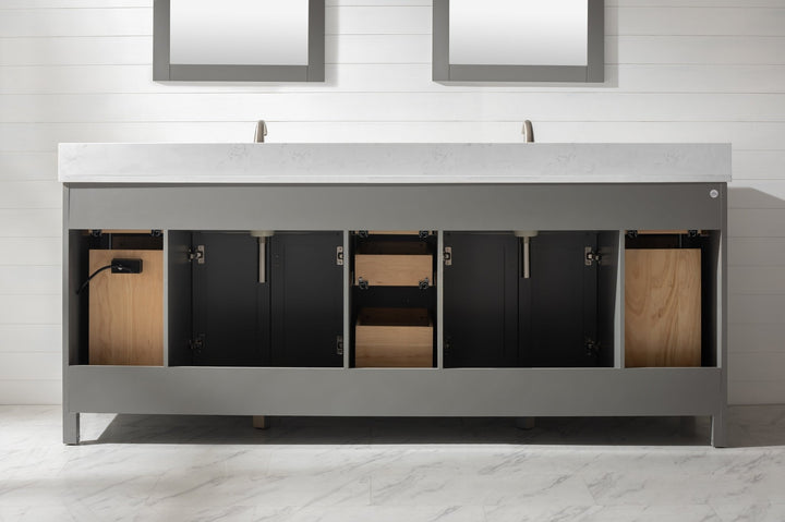 Valentino 84" Double Sink Vanity with White Quartz Top - Design Element Bath Kitchen - Bathroom Vanity - Navy with Satin Gold Hardware