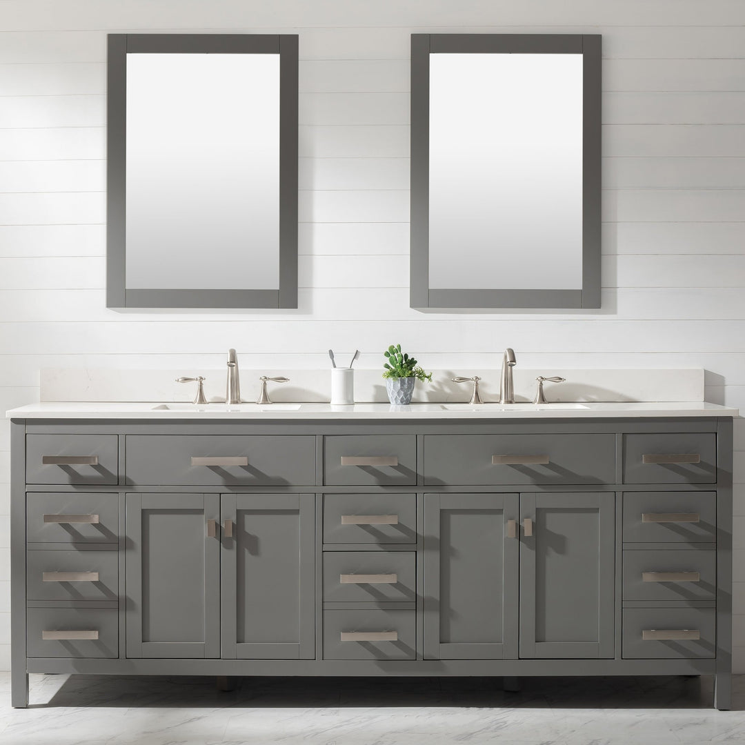 Valentino 84" Double Sink Vanity with White Quartz Top - Design Element Bath Kitchen - Bathroom Vanity - Gray with Silver Satin Hardware