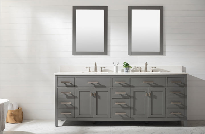 Valentino 84" Double Sink Vanity with White Quartz Top - Design Element Bath Kitchen - Bathroom Vanity - Navy with Satin Gold Hardware