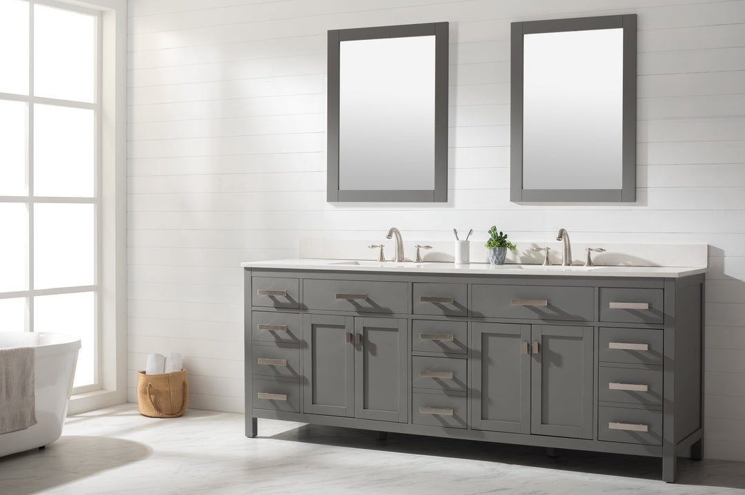 Valentino 84" Double Sink Vanity with White Quartz Top - Design Element Bath Kitchen - Bathroom Vanity - Navy with Satin Gold Hardware