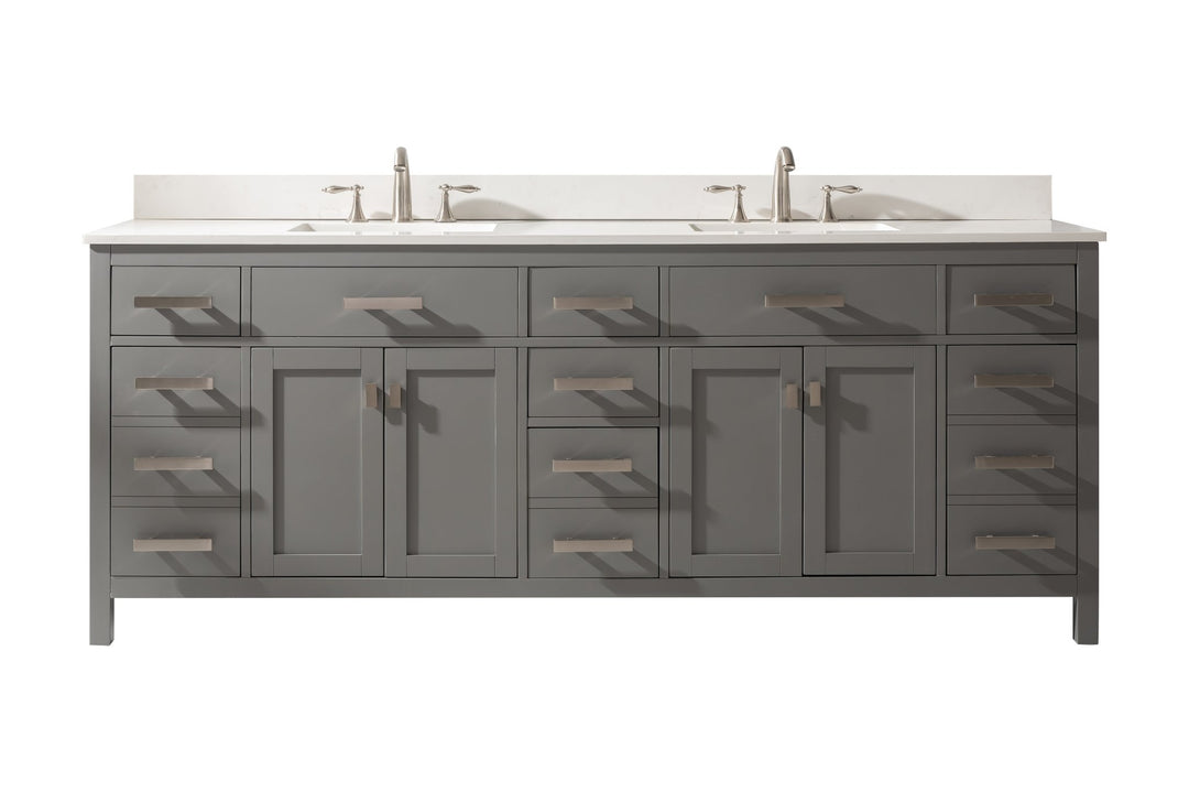 Valentino 84" Double Sink Vanity with White Quartz Top - Design Element Bath Kitchen - Bathroom Vanity - Navy with Satin Gold Hardware